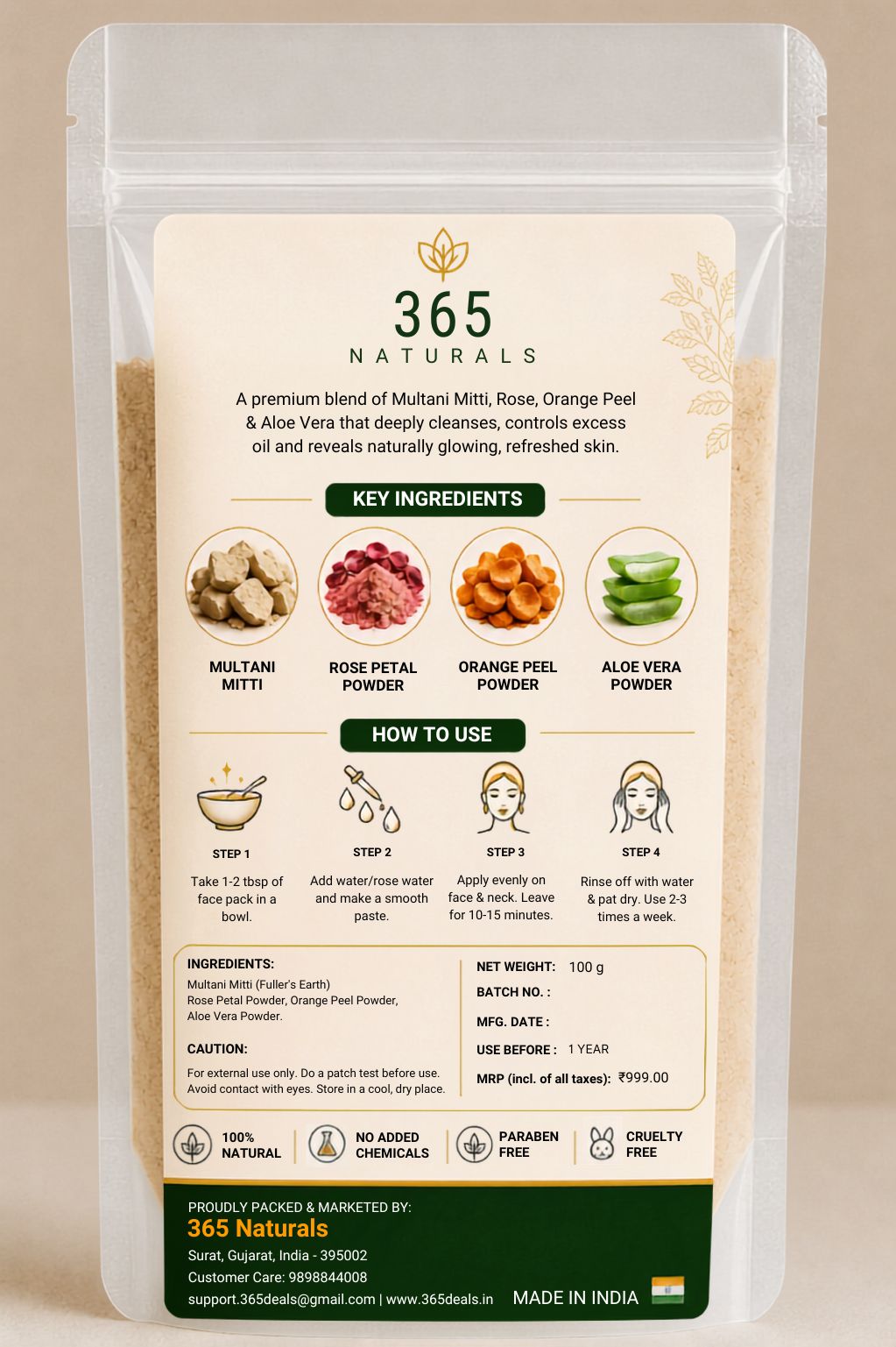 365 Natural Glow Ritual Multani Face Pack .Glow Naturally Everyday.